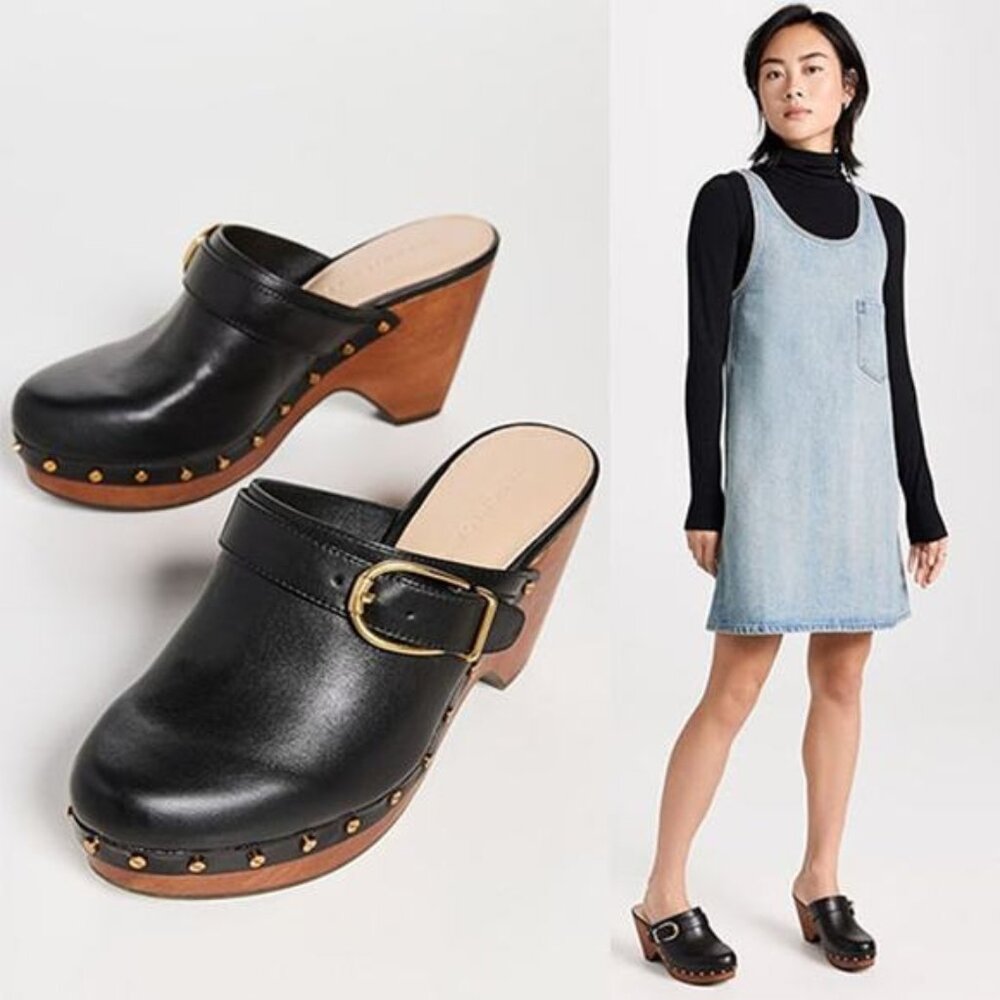 NEW Veronica Beard Hendrix Black Leather Slip On Clogs with Buckle Size: 7.5